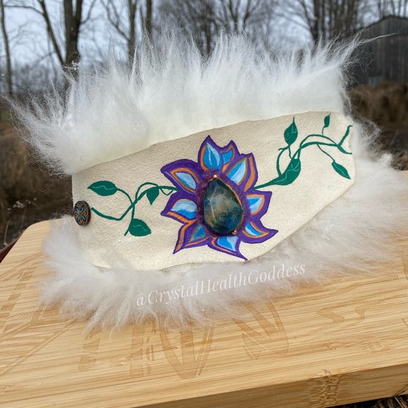 Sheepskin Hand Painted Statement Wrap Bracelet With Healing Stones - Picture 4 of 6